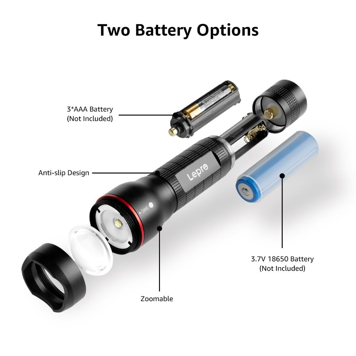 LE2000 two battery options flashlight