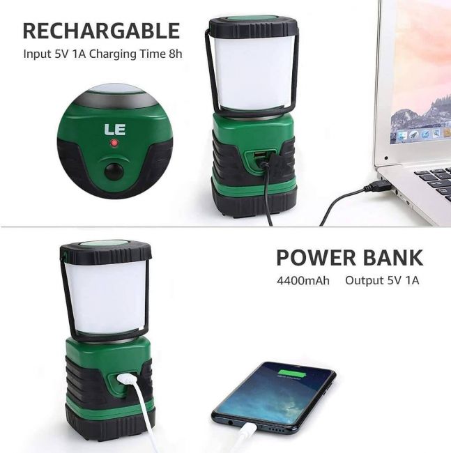 LE LED Camping Lantern Rechargeable, 1000LM, 4 Light Modes, 4400mAh Power Bank, IP44 Waterproof, Perfect Lantern Flashlight for Hurricane Emergency, Hiking, Home and More, USB Cable Included