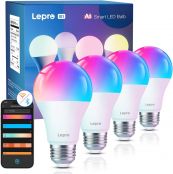 Lepro B1 AI Smart Light Bulbs - AI Generated Lighting, AI Voice Control, Lightbeats Music Sync, 2.4Ghz WiFi & Bluetooth LED RGB Bulb Controlled by App, Works with Alexa & Google Assistant, 4 Packs